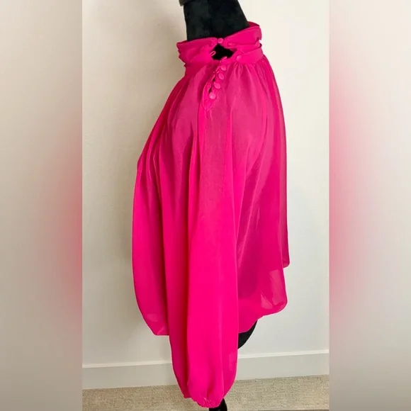 Hot Pink Sheer High-Neck Blouse with Button Detail – Size M - Picture 2 of 6